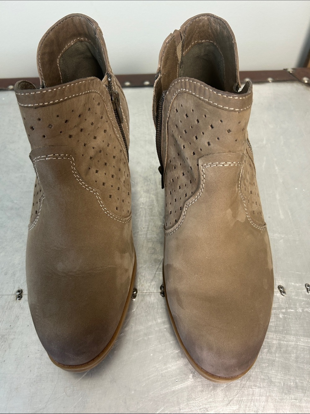 Earth Taupe Perforated Suede Ankle Booties